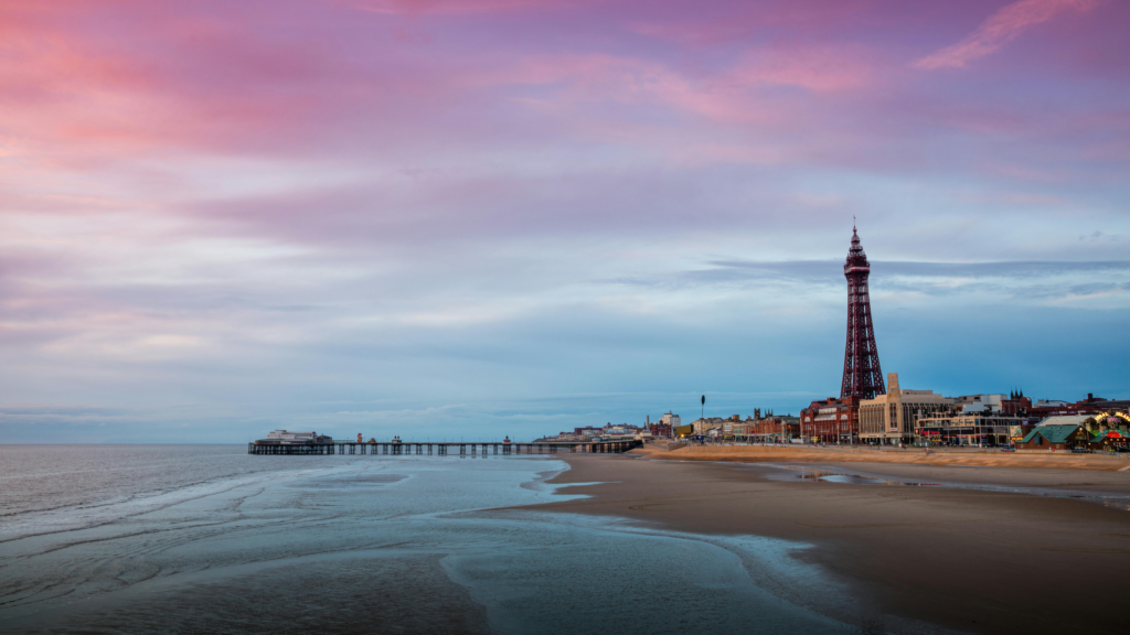 The Fylde Coast featuring a view of Blackpool Tower and the north pier